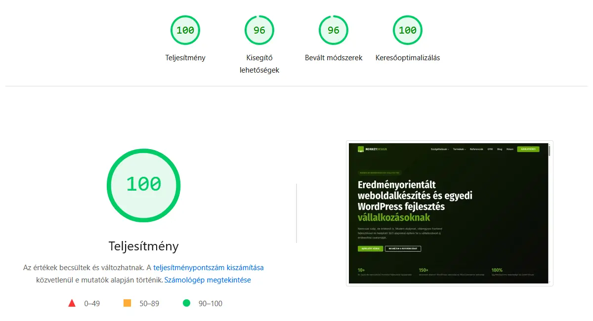 100/100 pont a Google PageSpeed Insights teszten (Desktop)